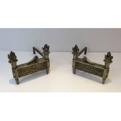 Pair of Empire-Style Bronze Chenets with Flambeau Finials and Chased Foliate Frieze, France, circa 1850