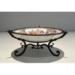 Canton Famille Rose Porcelain Plate with Court Scenes on a Bronze Stand, China, 19th Century
