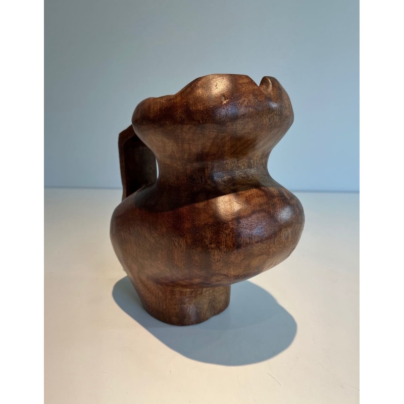 Brutalist Carved Wood Pitcher, France, circa 1950