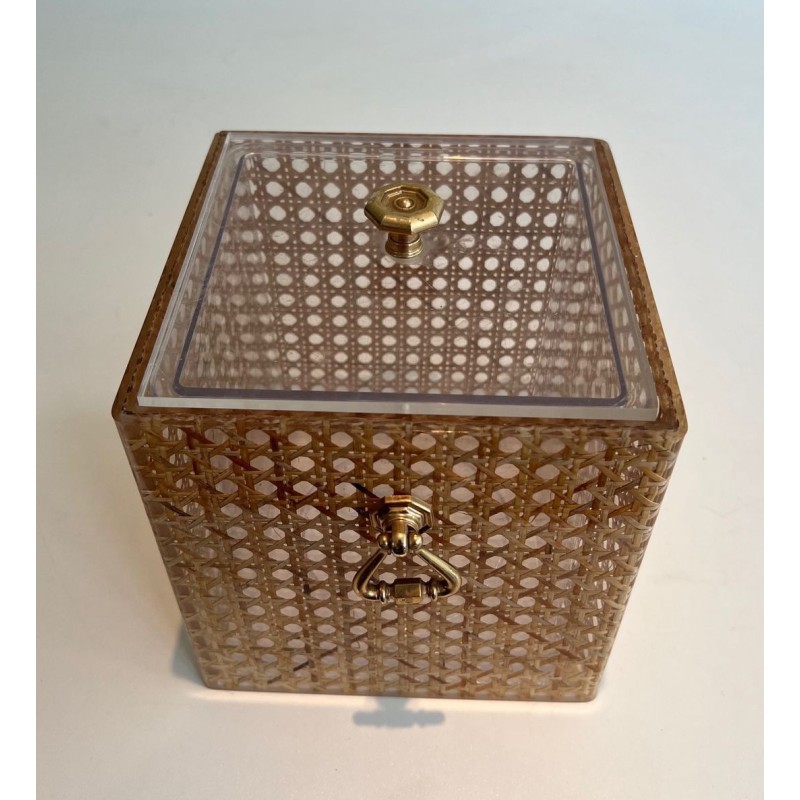 Lucite, Cane and Brass Ice Bucket in the Manner of Gabriella Crespi, Italy, circa 1970