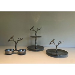 Suite of Three Aluminium Table Pieces with Bird and Branch Sculptures, France, circa 1970