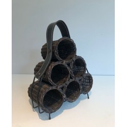 Six-Bottle Wine Rack in Dark Rattan, Lacquered Metal and Leather, circa 1970