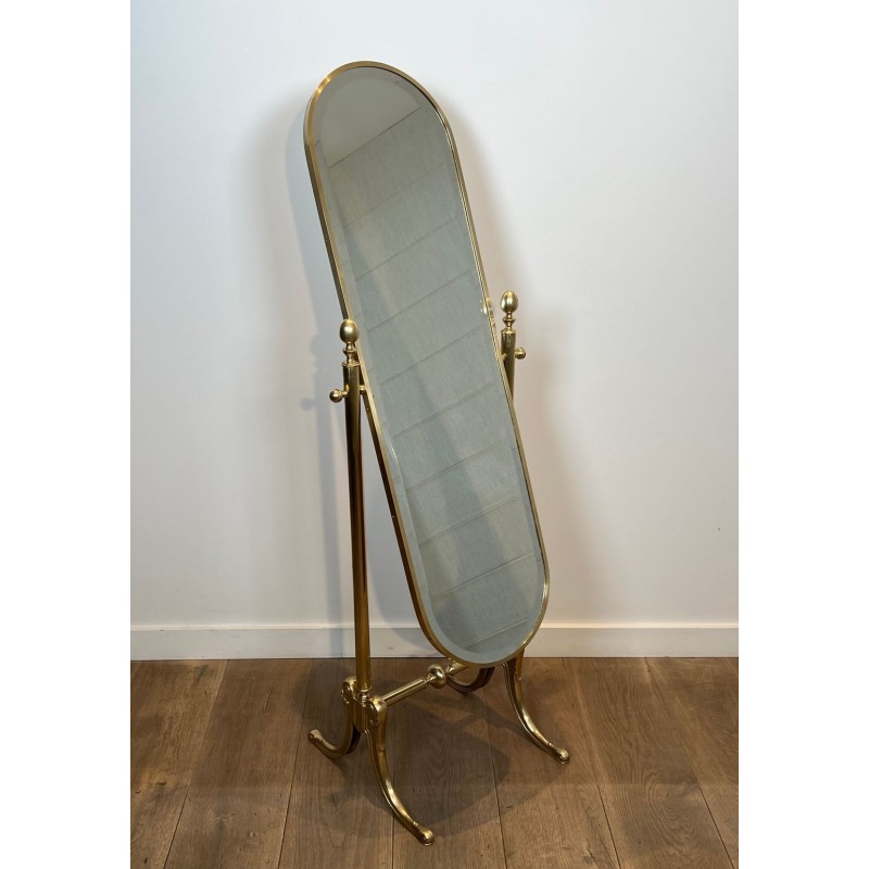 Pair of Neoclassical Style Full-Length Brass Psyché Mirrors — French Work, Circa 1970