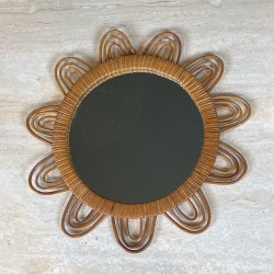 Flower-Shaped Looped Rattan Wall Mirror — French Work, Circa 1970