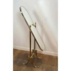 Pair of Neoclassical Style Full-Length Brass Psyché Mirrors — French Work, Circa 1970