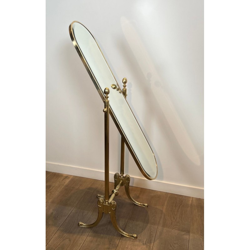 Pair of Neoclassical Style Full-Length Brass Psyché Mirrors — French Work, Circa 1970