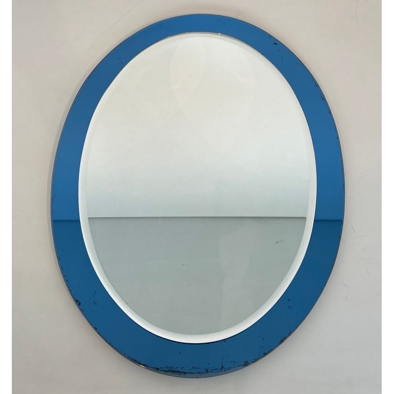 Oval Mirror with Blue-Tinted Glass Surround by Fontana Arte — Italian Work, Circa 1970