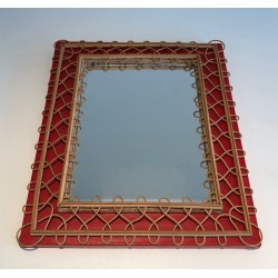 Rattan Trellis Mirror on Crimson Background — French Work, Circa 1940