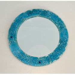 Round Mirror with Crushed Turquoise Glass Frame — French Work, Circa 1970
