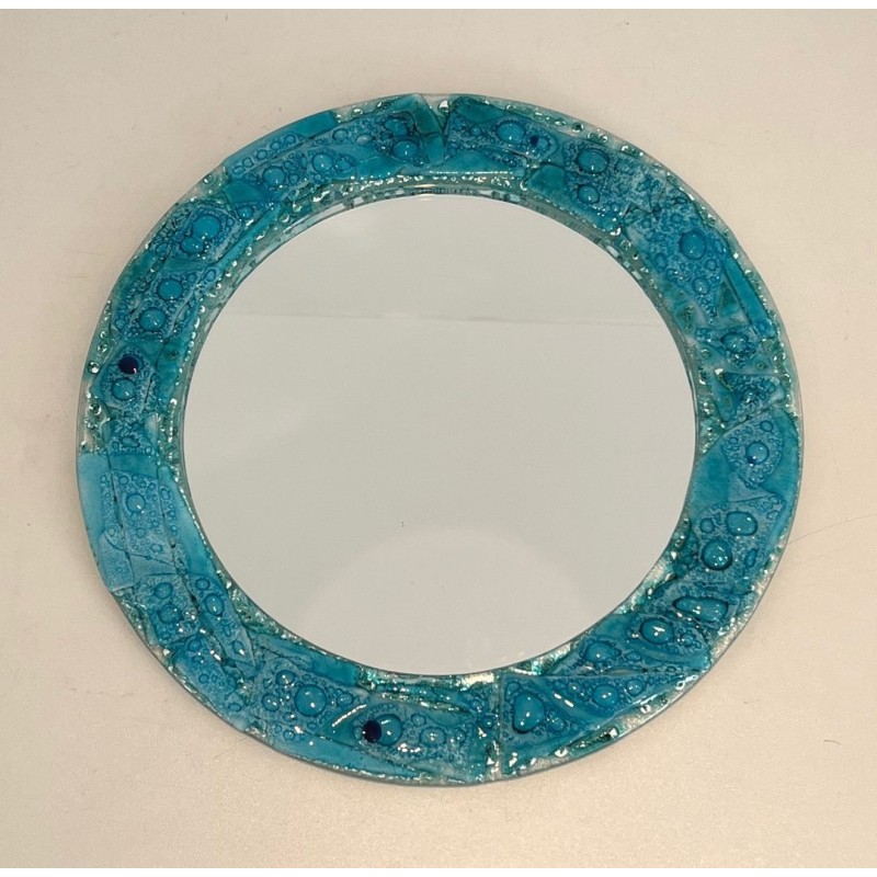 Round Mirror with Crushed Turquoise Glass Frame — French Work, Circa 1970