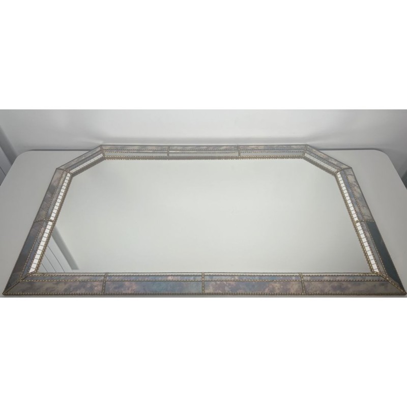 Large Multi-Faceted Mirror with Brass Chain Garland Borders — French Work, Circa 1970
