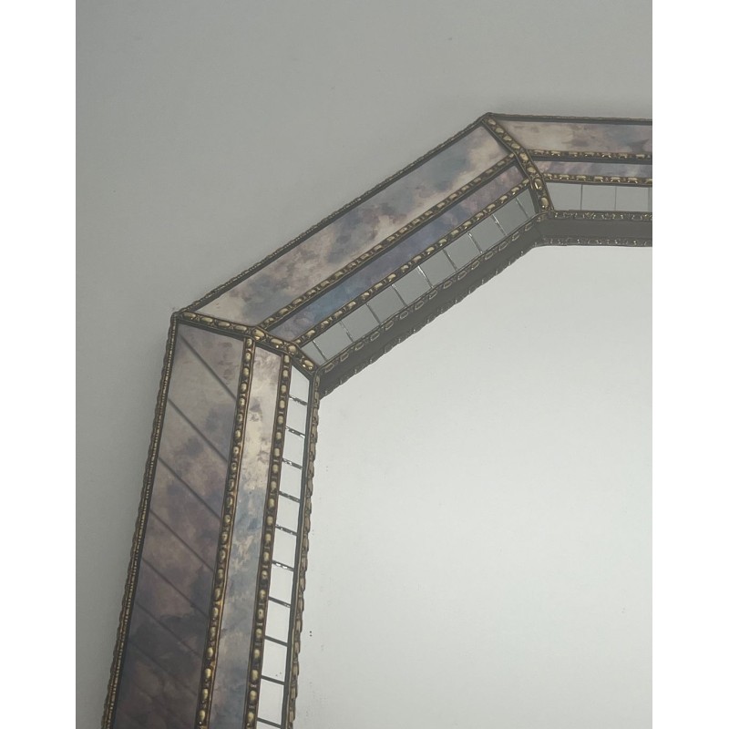 Large Multi-Faceted Mirror with Brass Chain Garland Borders — French Work, Circa 1970
