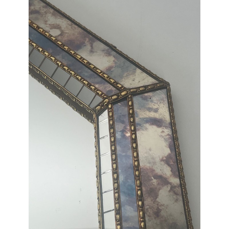 Large Multi-Faceted Mirror with Brass Chain Garland Borders — French Work, Circa 1970