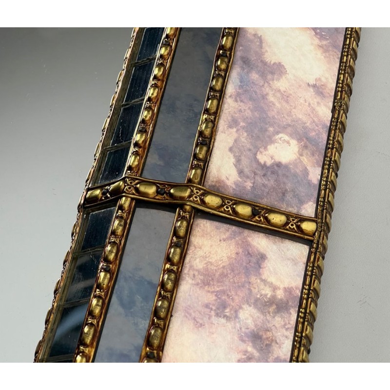 Large Multi-Faceted Mirror with Brass Chain Garland Borders — French Work, Circa 1970