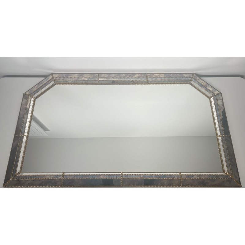 Large Multi-Faceted Mirror with Brass Chain Garland Borders — French Work, Circa 1970