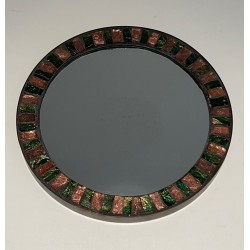 Circular Glazed Ceramic and Brass Mirror
