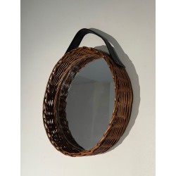 Oval Woven Rattan Mirror with Leather Hanging Strap
