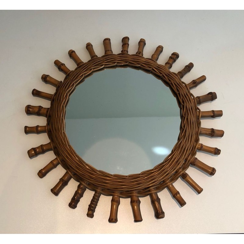 French Rattan Wall Mirror with Radiating Cylindrical Spoke Frame
