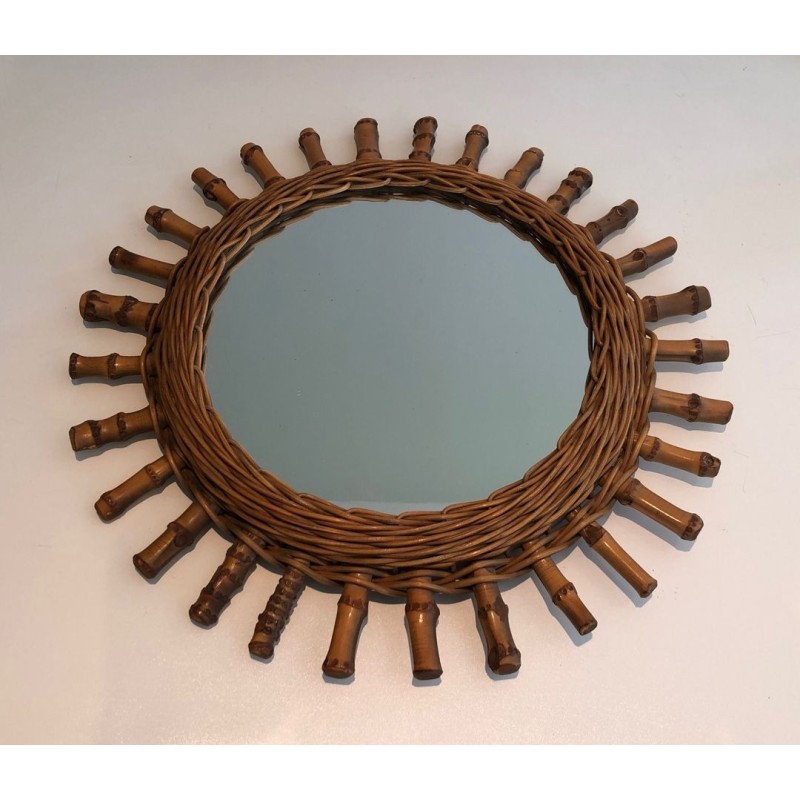 French Rattan Wall Mirror with Radiating Cylindrical Spoke Frame