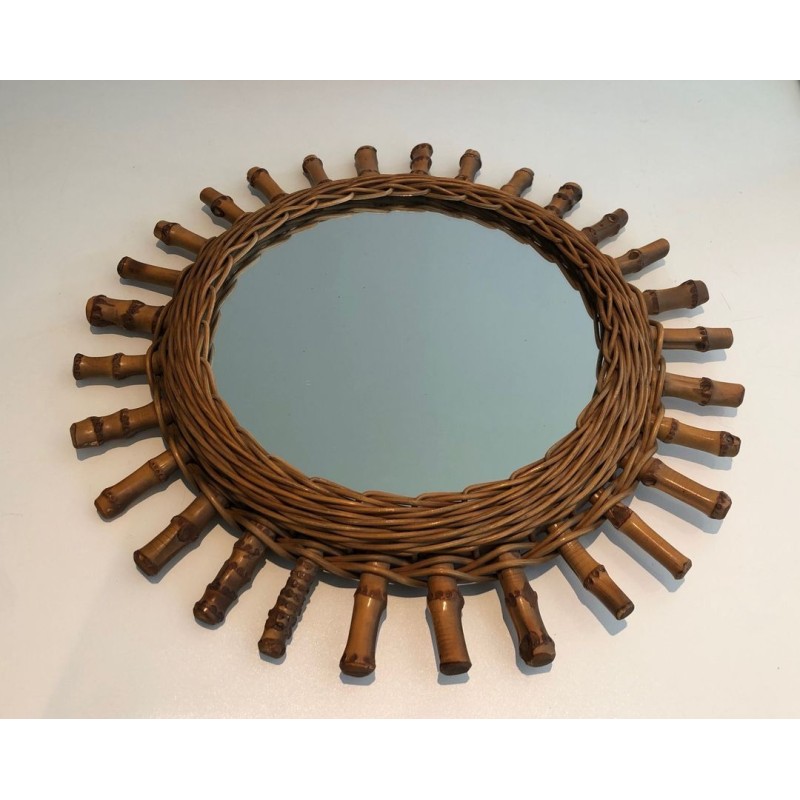 French Rattan Wall Mirror with Radiating Cylindrical Spoke Frame