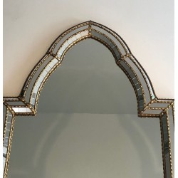 French Arched Mirror with Multi-Faceted Tile Frame and Brass Garlands