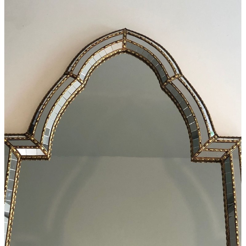 French Arched Mirror with Multi-Faceted Tile Frame and Brass Garlands