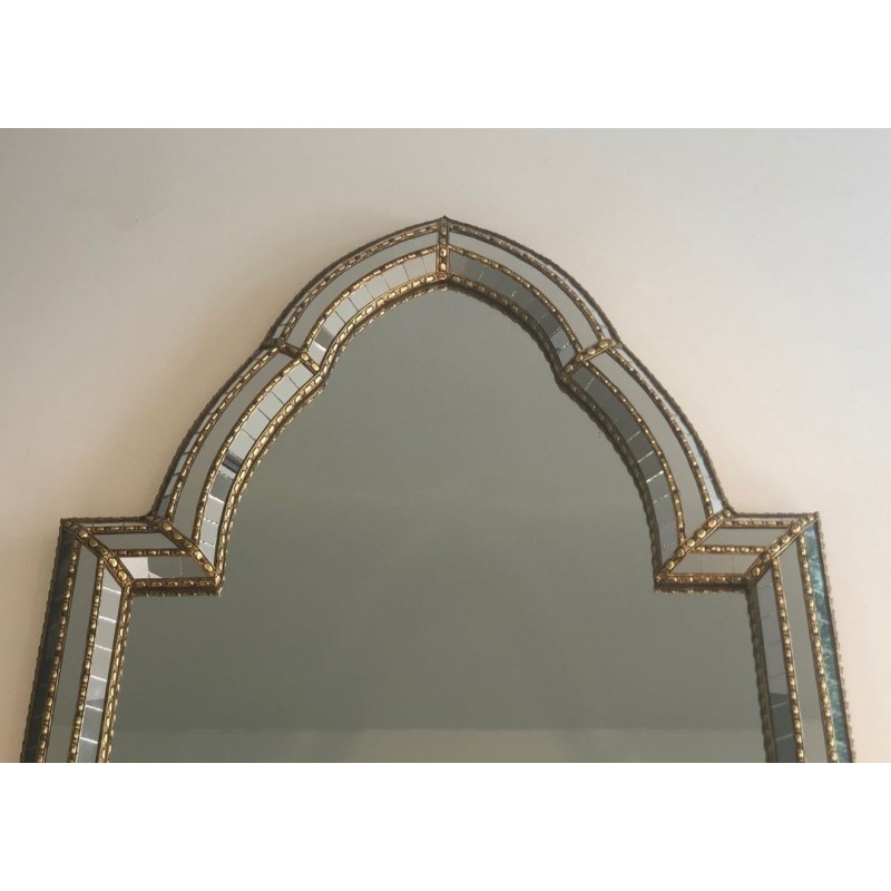 French Arched Mirror with Multi-Faceted Tile Frame and Brass Garlands