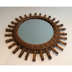 French Rattan Wall Mirror with Radiating Cylindrical Spoke Frame