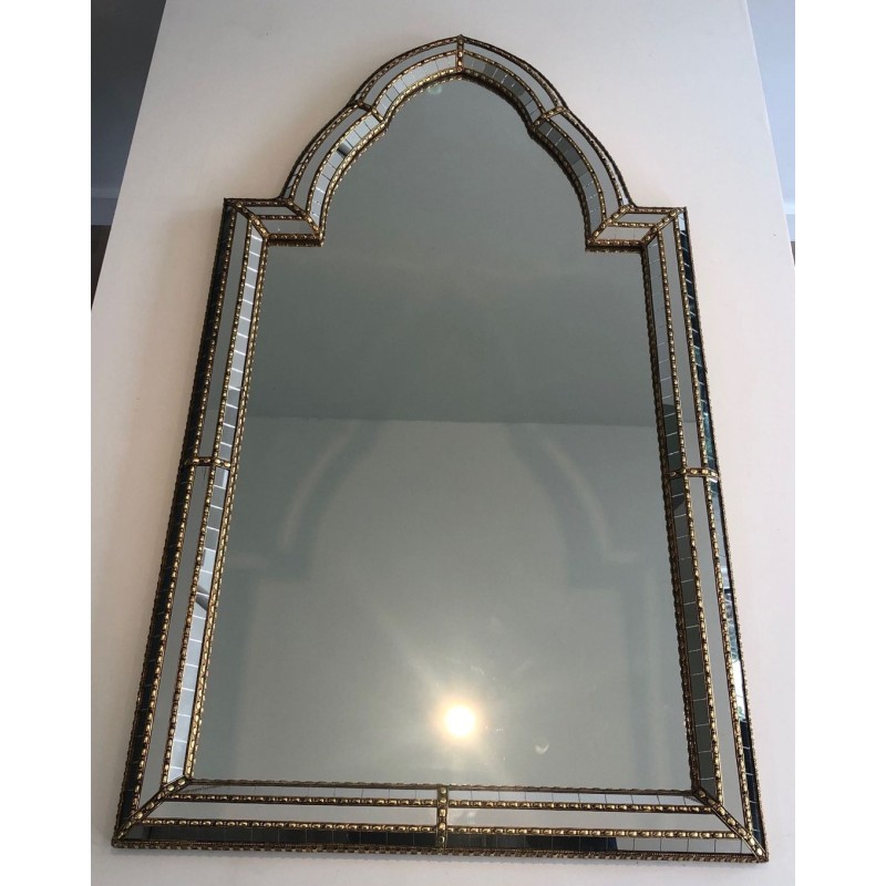 French Arched Mirror with Multi-Faceted Tile Frame and Brass Garlands