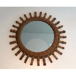 French Rattan Wall Mirror with Radiating Cylindrical Spoke Frame