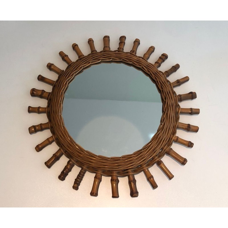 French Rattan Wall Mirror with Radiating Cylindrical Spoke Frame