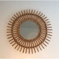 French Rattan Sunburst Wall Mirror with Double Crown