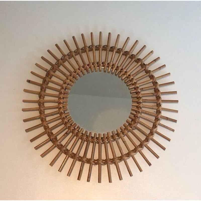 French Rattan Sunburst Wall Mirror with Double Crown