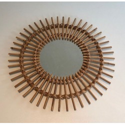 French Rattan Sunburst Wall Mirror with Double Crown