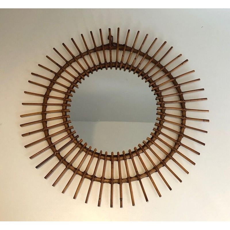 French Rattan Sunburst Wall Mirror