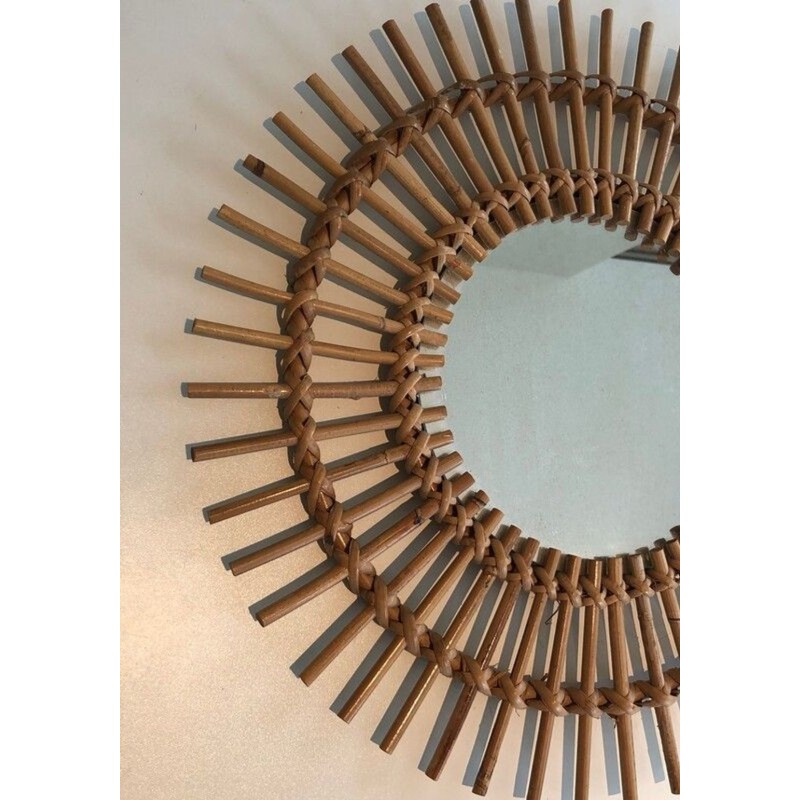 French Rattan Sunburst Wall Mirror with Double Crown