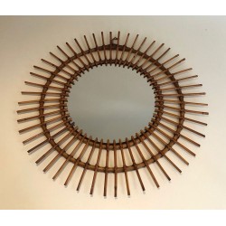 French Rattan Sunburst Wall Mirror