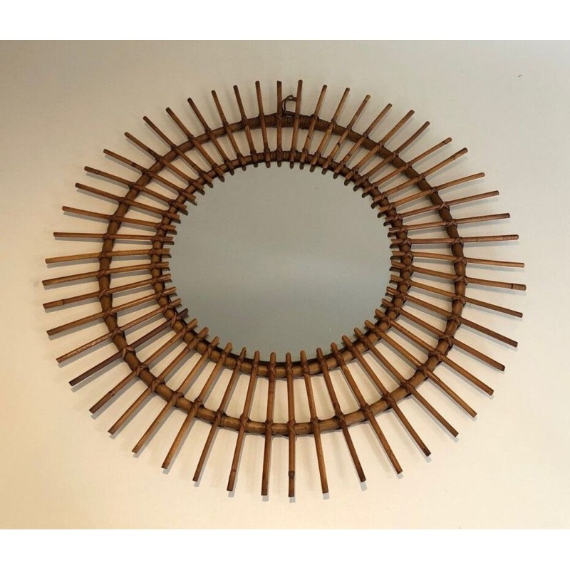 French Rattan Sunburst Wall Mirror