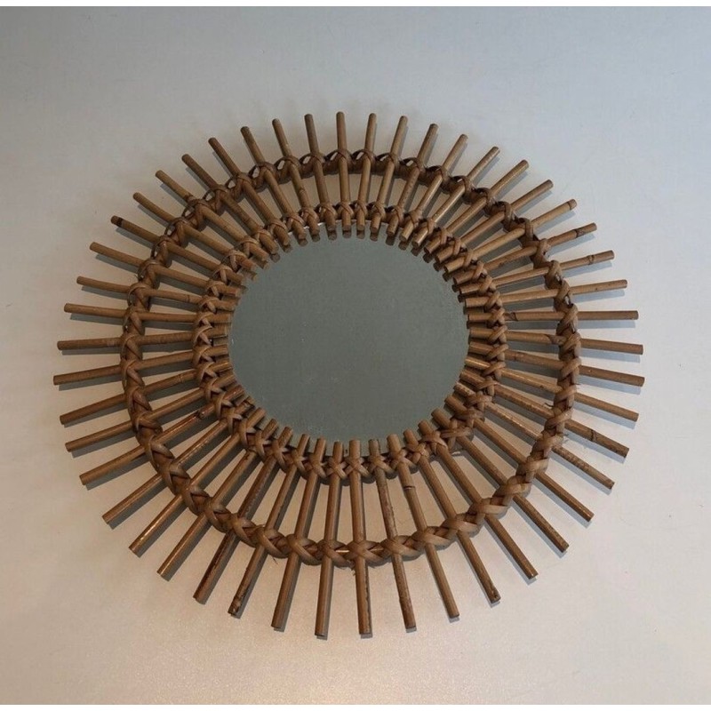 French Rattan Sunburst Wall Mirror with Double Crown
