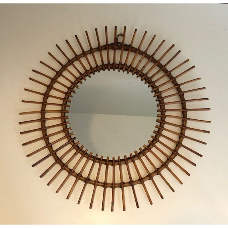 French Rattan Sunburst Wall Mirror