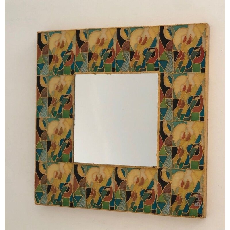 French Square Ceramic Mirror with Polychrome Floral Frame