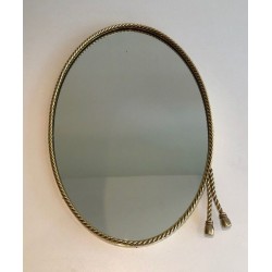 Oval Brass Mirror with Pompom Cord, in the Style of Maison Baguès