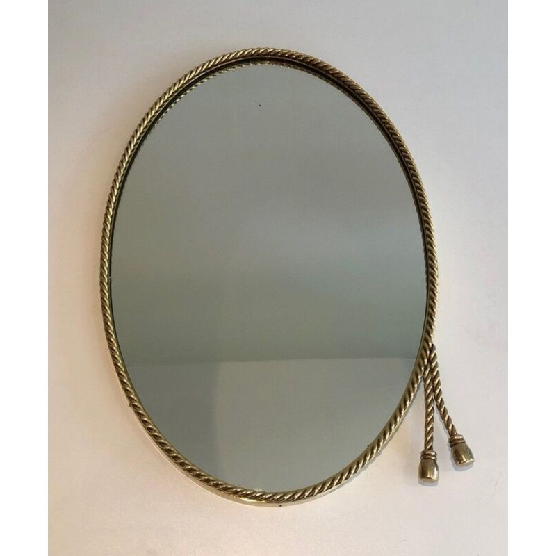 Oval Brass Mirror with Pompom Cord, in the Style of Maison Baguès
