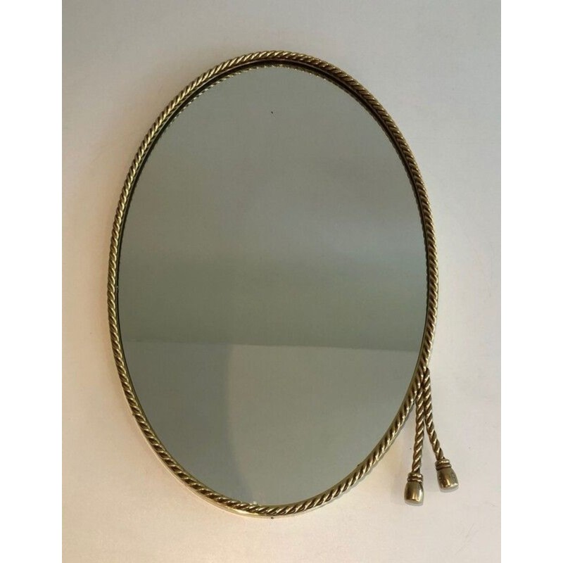 Oval Brass Mirror with Pompom Cord, in the Style of Maison Baguès