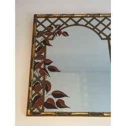 Decorative Faux-Bamboo Gilt Wood Mirror with Printed Floral Decor