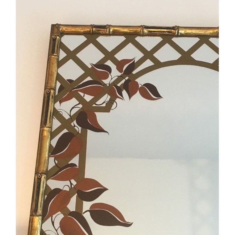 Decorative Faux-Bamboo Gilt Wood Mirror with Printed Floral Decor