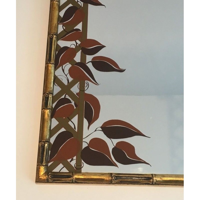 Decorative Faux-Bamboo Gilt Wood Mirror with Printed Floral Decor
