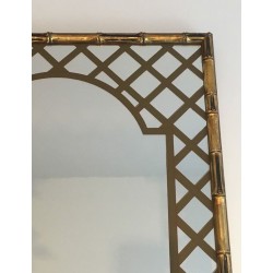 Decorative Faux-Bamboo Gilt Wood Mirror with Printed Floral Decor
