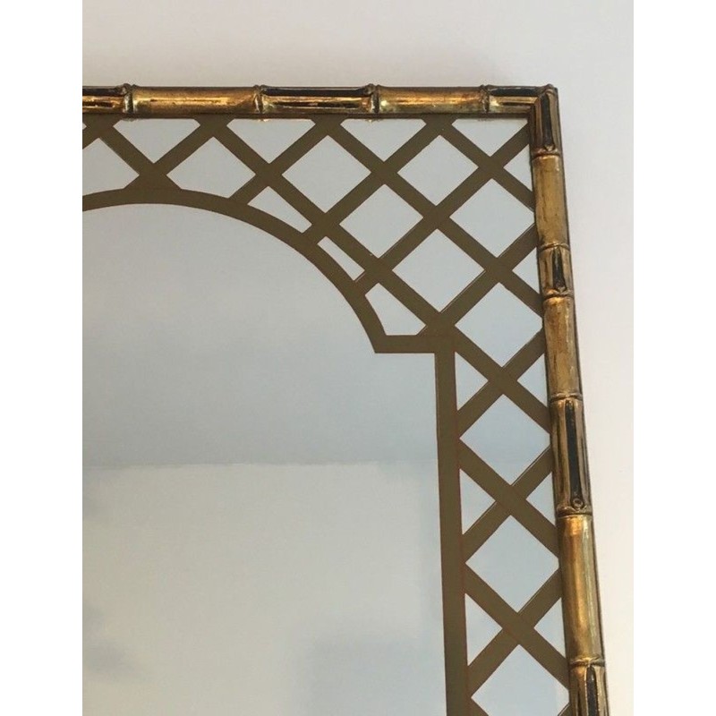 Decorative Faux-Bamboo Gilt Wood Mirror with Printed Floral Decor
