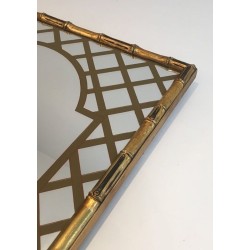 Decorative Faux-Bamboo Gilt Wood Mirror with Printed Floral Decor
